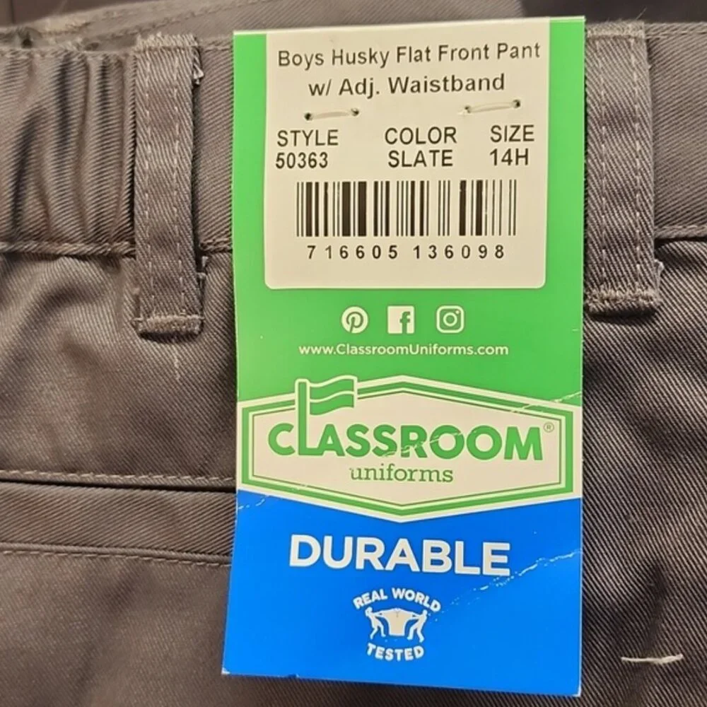 Classroom Uniform Boys Husky Flat Front Pant w/ Adj Waistband 14H